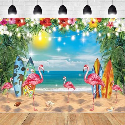 108ft Summer Hawaiian Beach Backdrop Tropical Hawaii Aloha Luau Ocean Flower Palm Leaves Surfboard Flamingo Photography Background Decorations Baby Shower Party Banner Photo Shoot Props