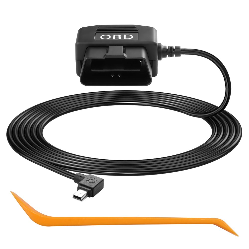 CERRXIAN OBD Power Cable for Dash Camera, OBD to Mini USB OBD Adapter Hardwire Charger Cable 24 Hours Surveillance/Acc Mode with Low Voltage Protection 12-24V to 5V 3A (11.5FT) (Left Angle mini USB)
