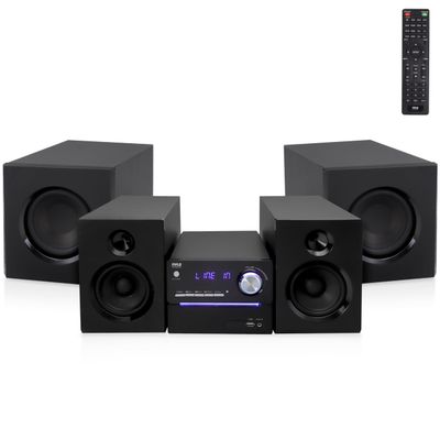 Pyle P.M.P.O CD/DVD Stereo System, 5-pc Wireless BT Streaming 6 Ohm Two-Way Wooden Speaker Box and Subwoofer, Digital Amplifier IC with MP3, USB, FM Radio, Bass Reflex Speaker