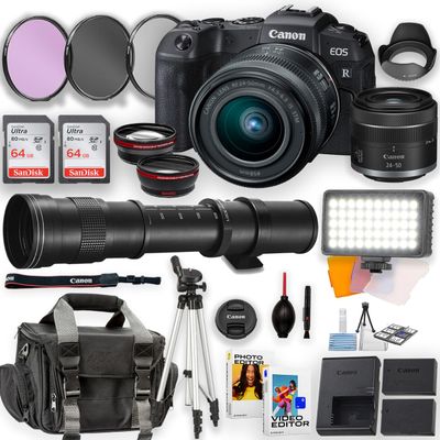 Canon EOS RP Mirrorless Camera with RF 24-50mm is STM Lens and 420-800mm Telephoto Lens + LED Video Light + 2pc 64GB Memory Cards, Wideangle and Telephoto Lens, Filters & More (Renewed)