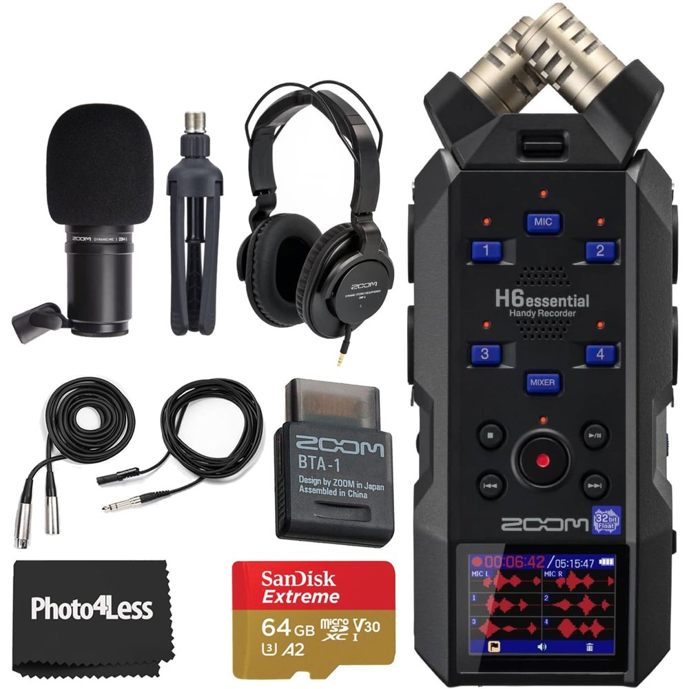 Zoom H6essential with 32-Bit Float, Accessibility, 6-Track Portable Recorder, Stereo Microphones, 4 XLR/TRS Inputs, Records to SD Card, USB Audio Interface, for Musicians, Podcasters, Filmmakers