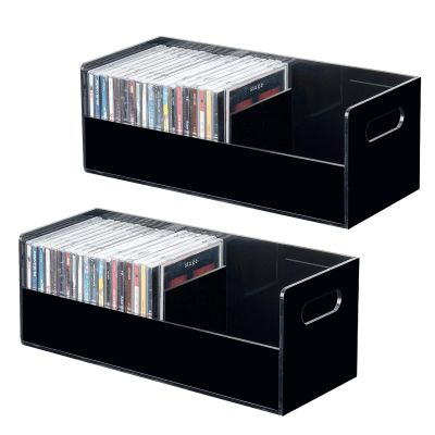 MyGift Modern Premium Black Acrylic Stackable CD Holder Racks with Cutout Carrying Handles, Compact Disc Jewel Case Display Crates, Media Storage Organizers, Set of 2