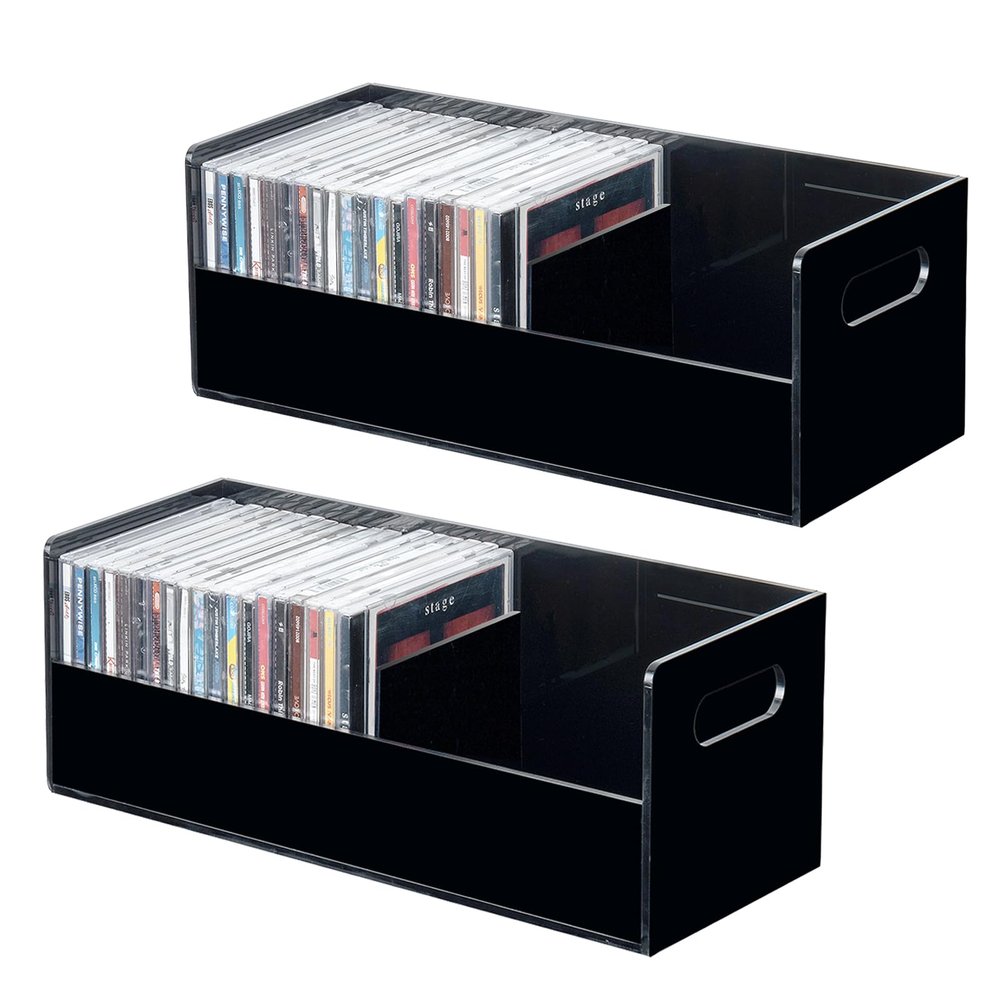 MyGift Modern Premium Black Acrylic Stackable CD Holder Racks with Cutout Carrying Handles, Compact Disc Jewel Case Display Crates, Media Storage Organizers, Set of 2