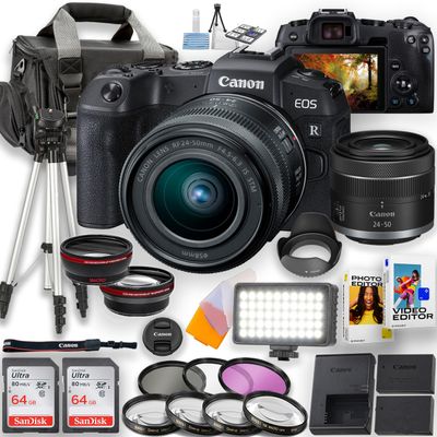Canon EOS RP Mirrorless Camera with RF 24-50mm f/4.5-6.3 is STM Lens and LED Video Light + 2pc 64GB Memory Cards, Wideangle and Telephoto Lens, Camera Case, Filters & More (Renewed)