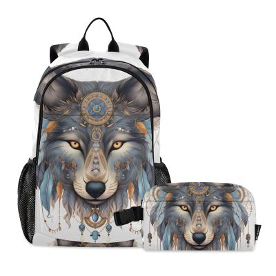 ALAZA Wolf Boho Dreamcatcher Backpack and Lunch Bag Set Back Pack Bookbag Cooler Case Kits