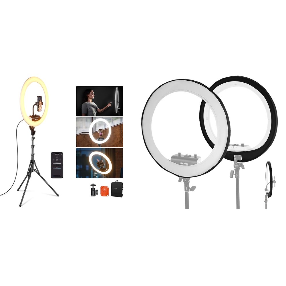NEEWER Professional Ring Light with Stand and Phone Holder, Diffuser Included, 18 inch Ultra Thin, 45W 2900K-7000K TLCI98, App Control, Softer Lighting for Makeup Live Stream TikTok, RP18B Pro White