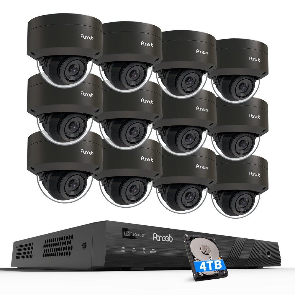 PANOOB 16 Channel Security Camera System 4K PoE, 12x 8MP IK10 Vandal Proof Dome Camera with AI Human Vehicle Detection, Built-in Mic, Remote Access 24-7 Recording, 4K 16CH NVR 4TB HDD, PD54B1216-8M