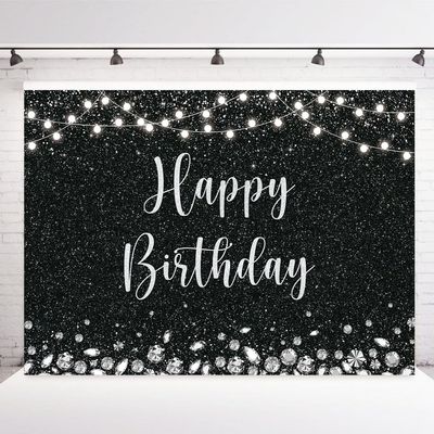 INRUI Black Happy Birthday Photography Backdrop Silver Glitter Spots Girls Boys Adult Party Decorations Banner (7x5FT)