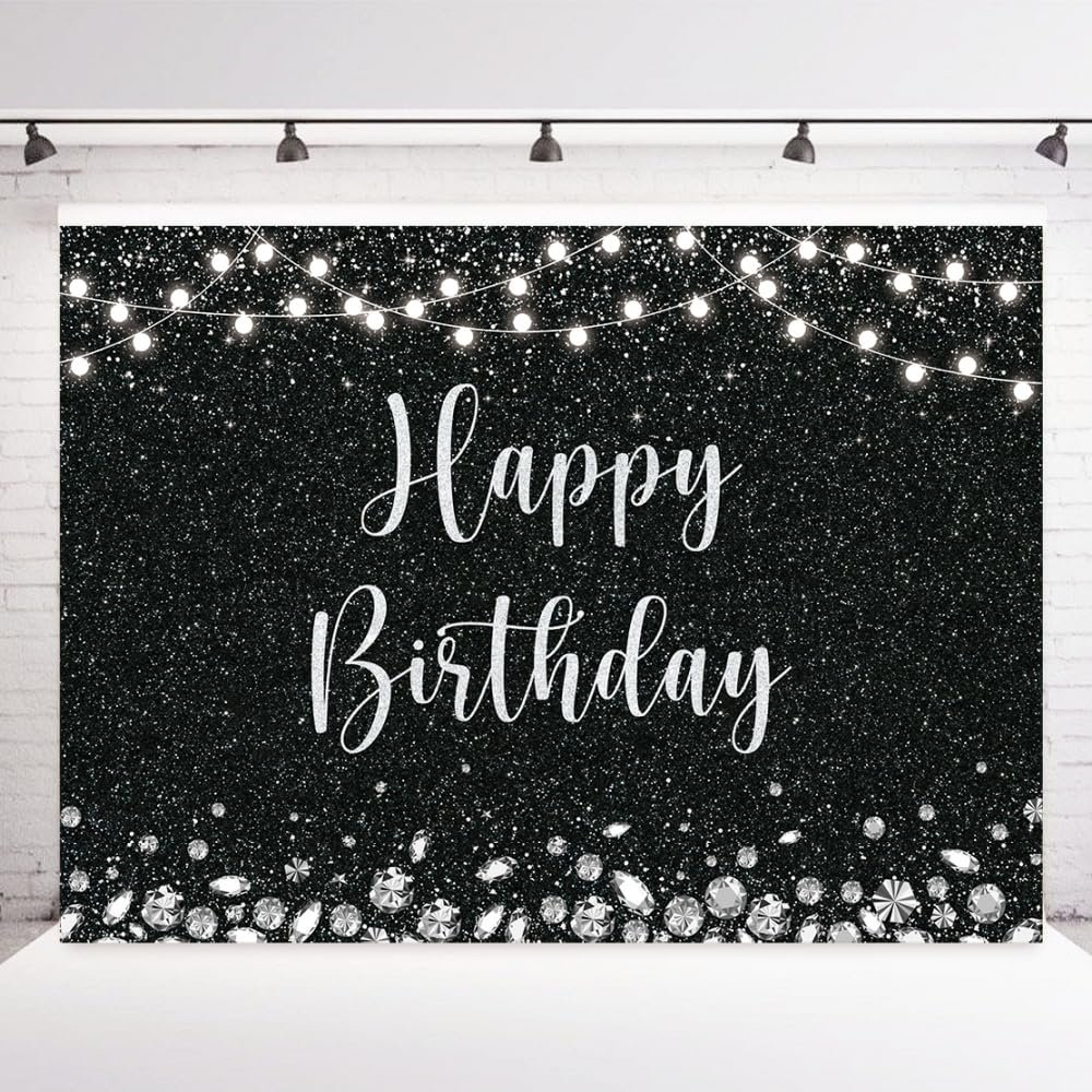 INRUI Black Happy Birthday Photography Backdrop Silver Glitter Spots Girls Boys Adult Party Decorations Banner (7x5FT)