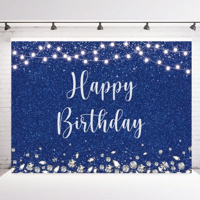 INRUI Royal Blue Happy Birthday Photography Backdrop Silver Glitter Spots Girls Boys Adult Party Decorations Banner (7x5FT)