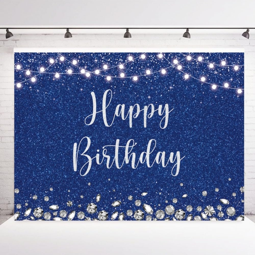 INRUI Royal Blue Happy Birthday Photography Backdrop Silver Glitter Spots Girls Boys Adult Party Decorations Banner (7x5FT)