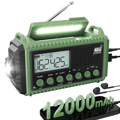 12000mAh Emergency Radio - AUTO NOAA Weather Alert, Solar Hand Crank AM/FM/SW/NOAA, Flashlight, Phone Charger, SOS Siren, Survival Kit for Camping, Storms, Power Outages