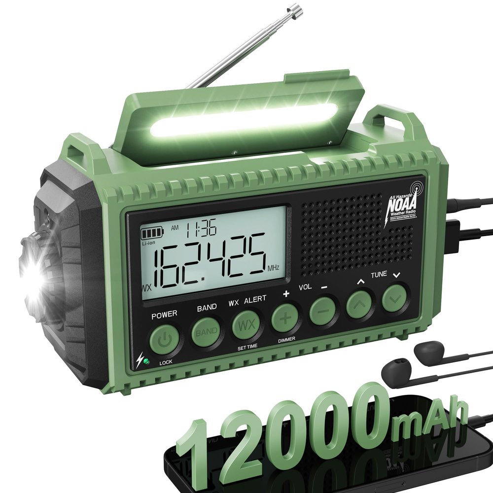 12000mAh Emergency Radio - AUTO NOAA Weather Alert, Solar Hand Crank AM/FM/SW/NOAA, Flashlight, Phone Charger, SOS Siren, Survival Kit for Camping, Storms, Power Outages