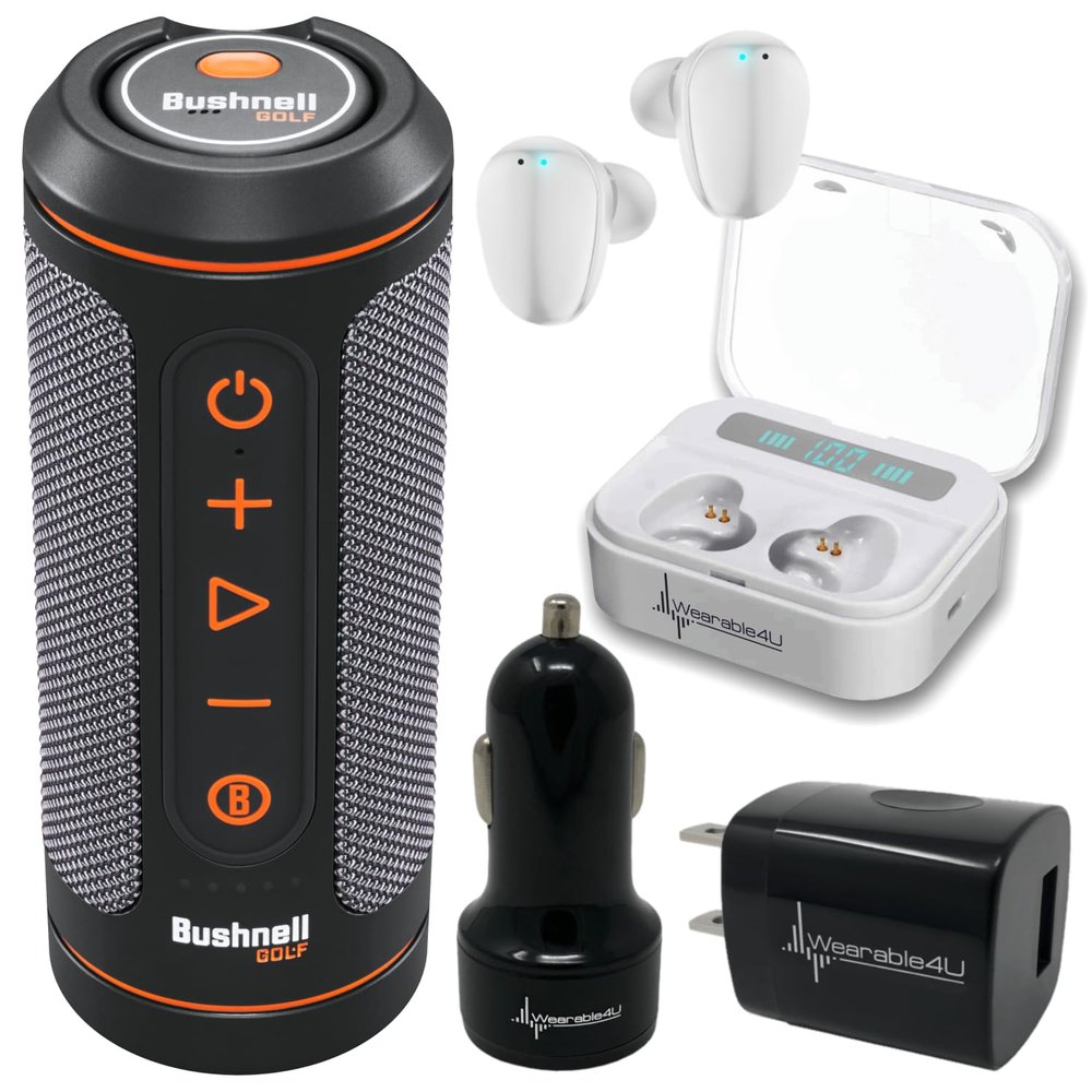 Wearable4U - Bushnell Wingman 2 GPS Golf Speaker with White Earbuds - Wall/Car Adapters Bundle
