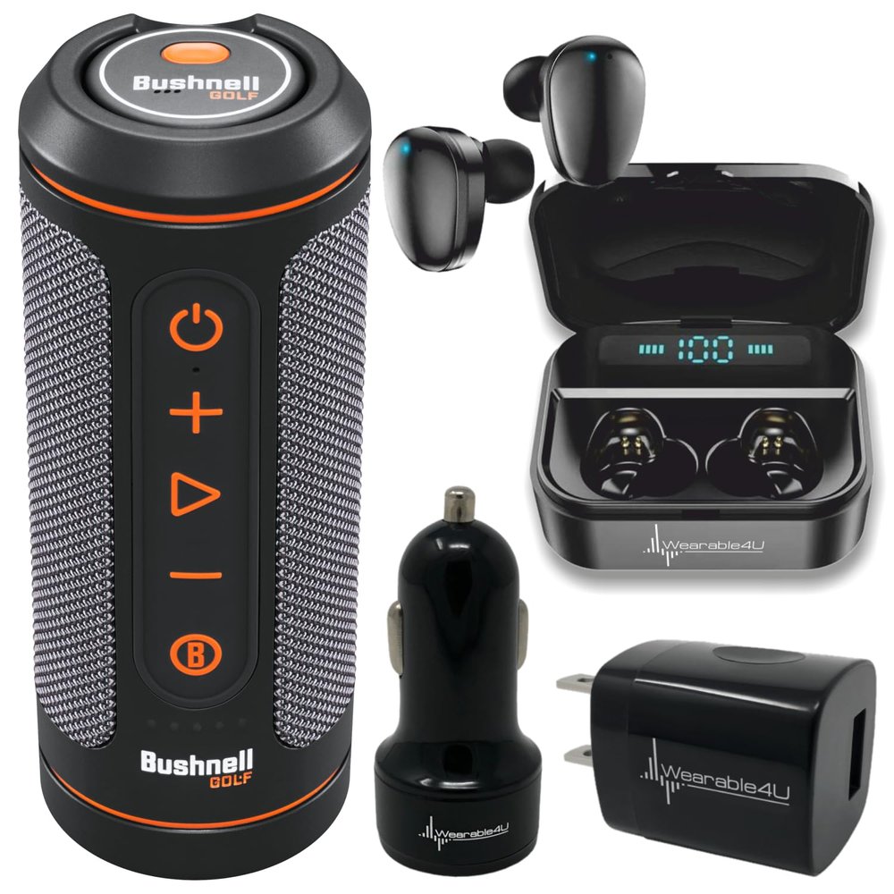 Wearable4U - Bushnell Wingman 2 GPS Golf Speaker with Black Earbuds - Wall/Car Adapters Bundle