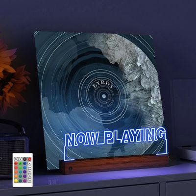 YuanDian Light up Now Playing Vinyl Record Stand, Wooden Acrylic Holder for Vinyl Album Display and Storage, Illuminated LED Display Shelf with 16 Changing Color Lights