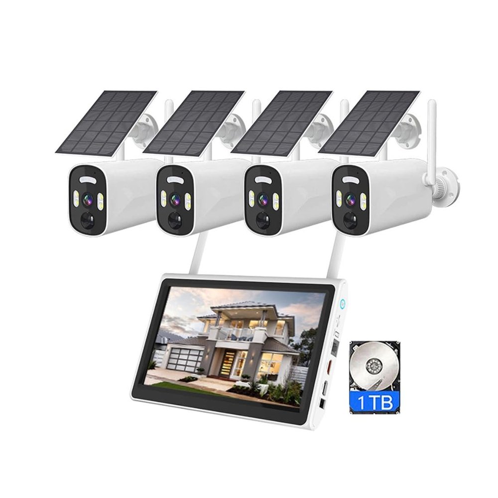 AKAVIG 4CH 4MP Solar Power Security Camera System with LCD Monitor and 1TB Hard Disk, Outdoor Wireless WiFi Surveillance NVR Kit with Color Night Vision, Motion Detection