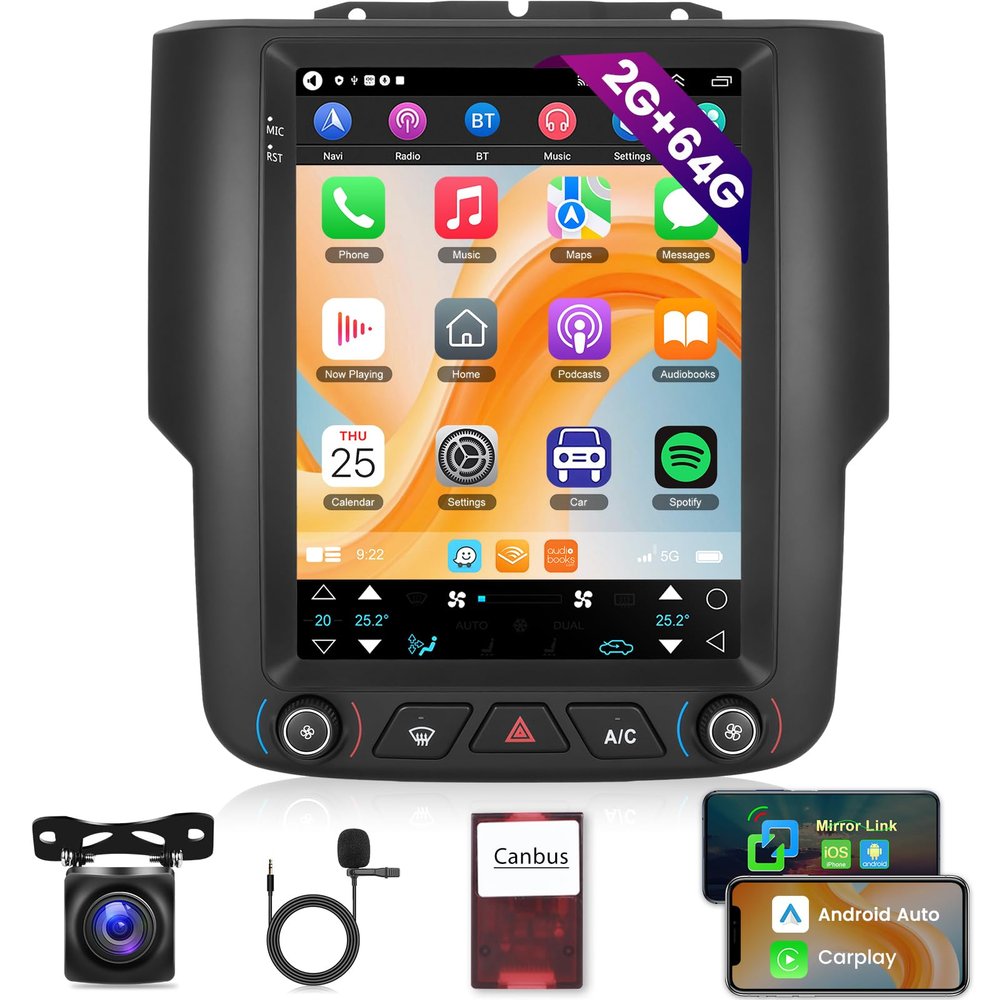 [2+64G] Car Radio for Dodge RAM 1500 2500 3500 2013-2018(for Auto AC), 9.7 inch Android 13 Vertical Touch Screen Stereo, Carplay/Android Auto/Hi-Fi Audio/1080P/SWC/Bluetooth