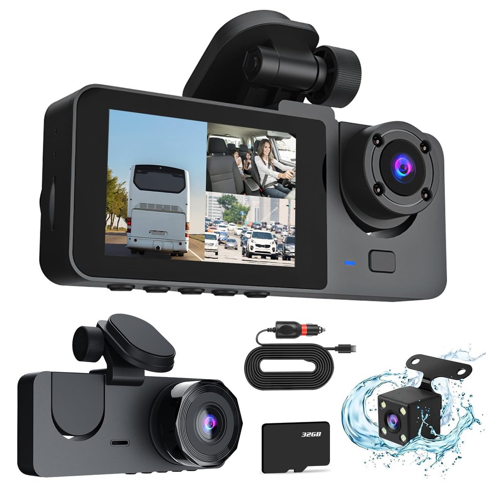 3 Channel Dash Cam Front and Rear Inside,1080P FHD Car Camera with 32G MMC Card, Night Vision, G-Sensor, Motion Detection, Parking Monitor, Loop Recording for Cars, SUVs, Trucks