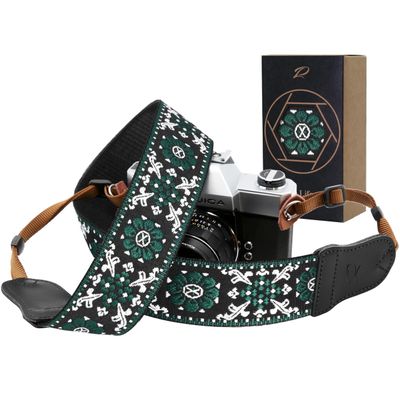 Padwa Lifestyle Camera Strap - 2" Cowhide Leather Head Cotton Camera Straps for Photographers,Vintage Jacquard Embroidery Adjustable Neck & Shoulder Strap for ALL DSLR/SLR Cameras (Green Flower)