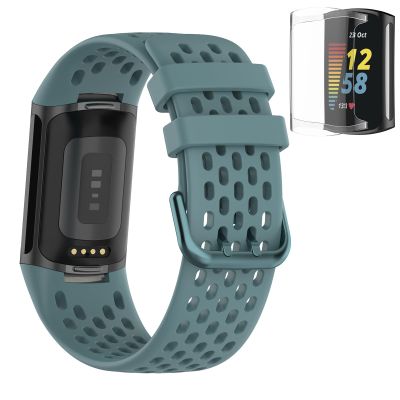 Bands Compatible with Fitbit Charge 5, Air Holes Design Silicone Sport Band Strap for Fitbit Charge 6 / Charge 5 with TPU Clear Screen Protector Case (Blue)