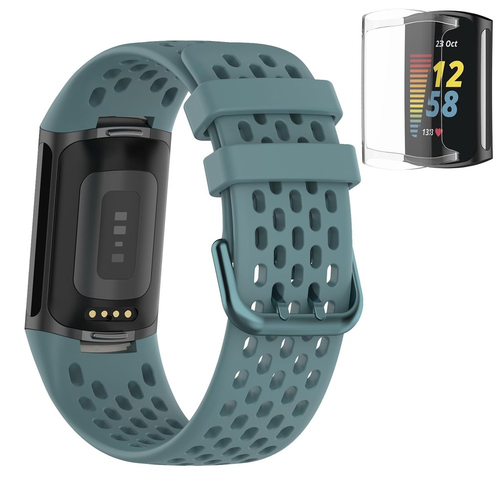 Bands Compatible with Fitbit Charge 5, Air Holes Design Silicone Sport Band Strap for Fitbit Charge 6 / Charge 5 with TPU Clear Screen Protector Case (Blue)