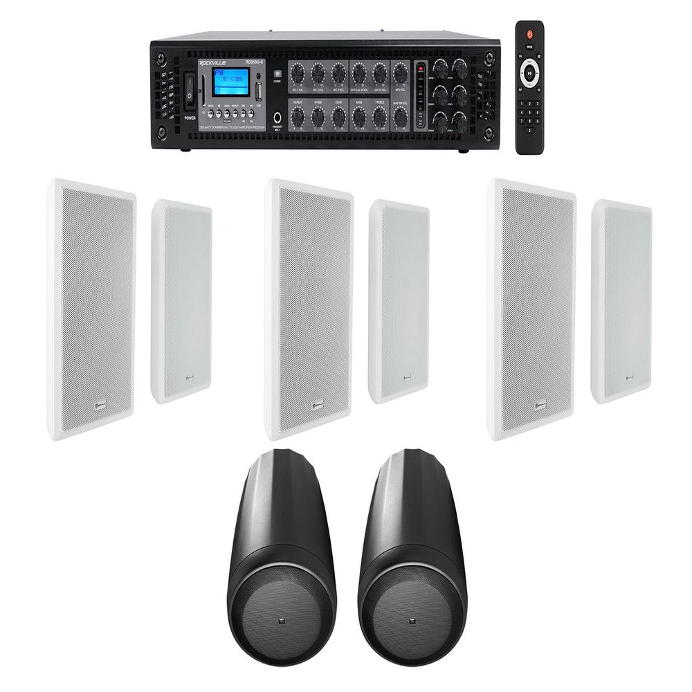 Rockville Bundle: (1) RCS180-6 Commercial/Restaurant Amplifier Bundle with (6) RockSlim 70W Commercial Restaurant Wall Speakers, (2) JBL Control 65 P/T Pendant Speakers (9 Items)