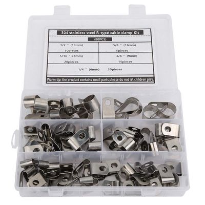 Cable Management, 80Pcs RType Clip Cable Clamp Fasteners Assortment Kit Hardware Parts 304 Stainless Steel 6-16mm, Hose and, Cable Straps