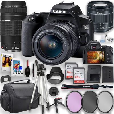 Canon EOS Rebel 250D / SL3 DSLR Camera with EF-S 18-55mm Lens + EF 75-300mm III Lens + 2pc 64GB Memory Cards, Tripod, Camera Case & More (Renewed)