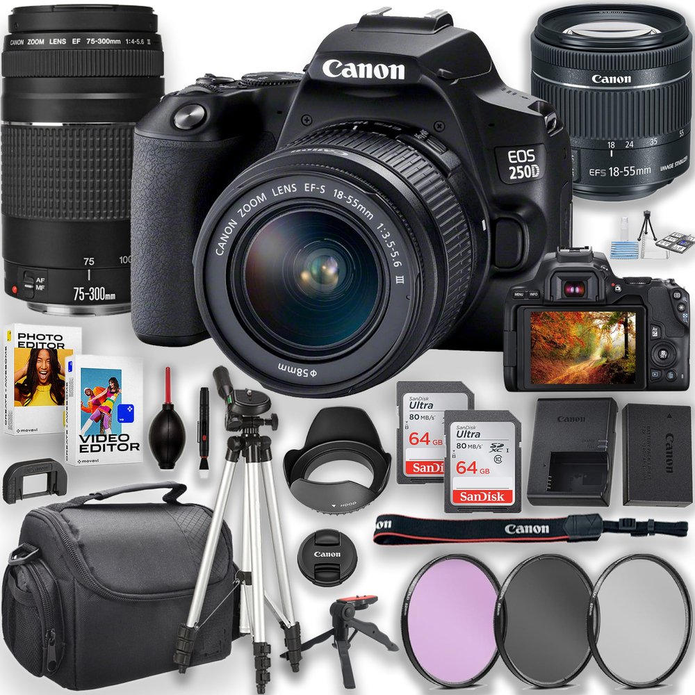 Canon EOS Rebel 250D / SL3 DSLR Camera with EF-S 18-55mm Lens + EF 75-300mm III Lens + 2pc 64GB Memory Cards, Tripod, Camera Case & More (Renewed)