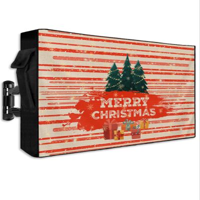 Outdoor TV Cover 75 Inch, Weatherproof Waterproof Merry Christmas Xmas Tree Gift Box Red Line Striped Outside TV Covers with Zipper Flap, 600D TV Enclosure Protector for Outside Flat Screen TV