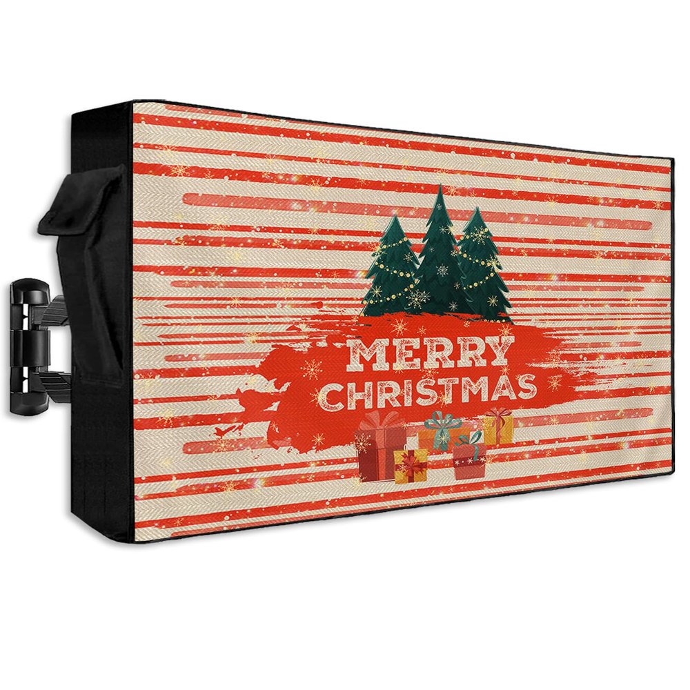Outdoor TV Cover 75 Inch, Weatherproof Waterproof Merry Christmas Xmas Tree Gift Box Red Line Striped Outside TV Covers with Zipper Flap, 600D TV Enclosure Protector for Outside Flat Screen TV