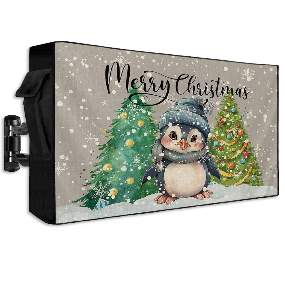 FALABON88 Outdoor TV Cover 75 Inch, Weatherproof Waterproof Christmas Xmas Tree Penguin Grey Outside TV Covers with Zipper Flap, 600D TV Enclosure Protector for Outside Flat Screen TV