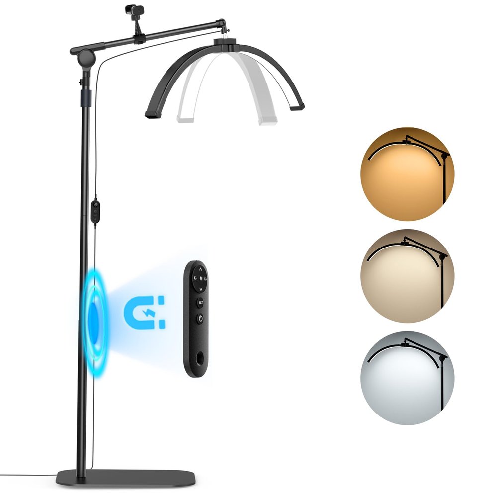 LASTAR LED Lash Light for Eyelash Tech  Half Moon Floor Lamp with Adjustable Brightness, Warm-to-Cool Lighting & Built-in Phone Holder  Ideal for Tattoo Artists, Estheticians & Lash Experts