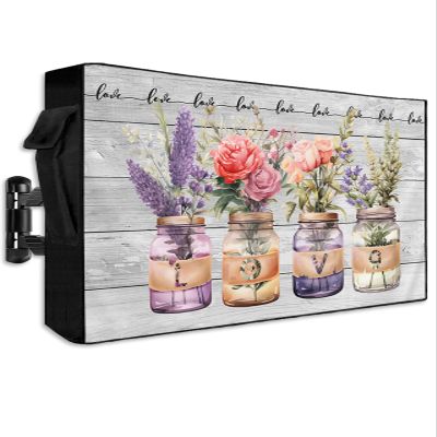 FALABON88 Outdoor TV Cover 55 Inch, Weatherproof Waterproof Happy Valentine's Day Outside TV Covers with Zipper Flap, Romantic Flower Roses Wood 600D TV Enclosure Protector for Outside Flat Screen TV