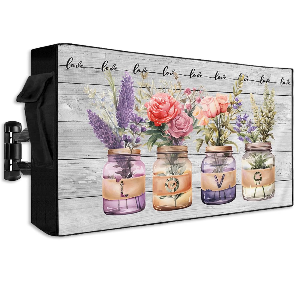 FALABON88 Outdoor TV Cover 55 Inch, Weatherproof Waterproof Happy Valentine's Day Outside TV Covers with Zipper Flap, Romantic Flower Roses Wood 600D TV Enclosure Protector for Outside Flat Screen TV