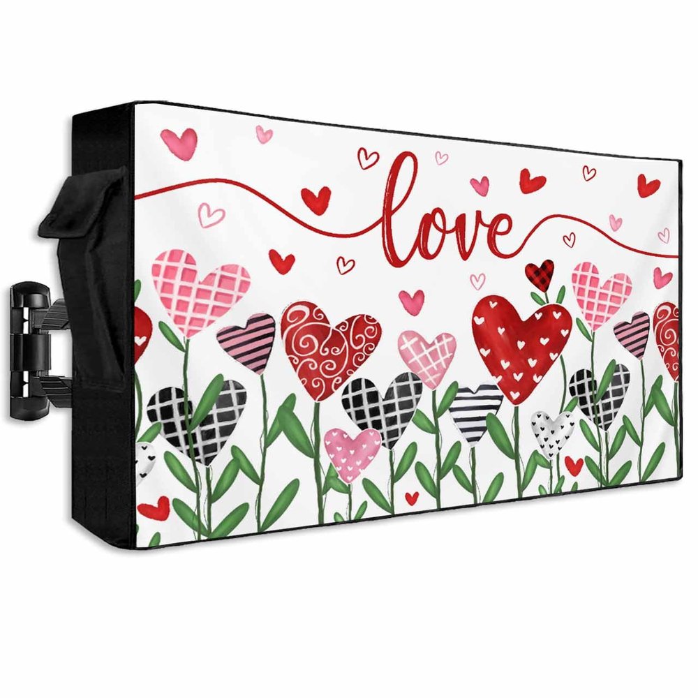 FALABON88 Outdoor TV Cover 75 Inch, Weatherproof Waterproof Pink Romantic Valentine Outside TV Covers with Zipper Flap, Hearts Flowers 600D TV Enclosure Protector for Outside Flat Screen TV