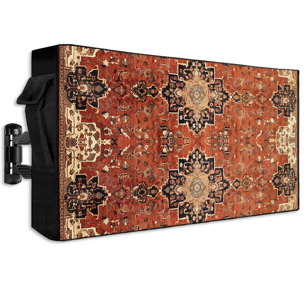 FALABON88 Outdoor TV Cover 75 Inch, Weatherproof Waterproof Brown Geometric Flowers Outside TV Covers with Zipper Flap, Retro Turkish Pattern 600D TV Enclosure Protector for Outside Flat Screen TV