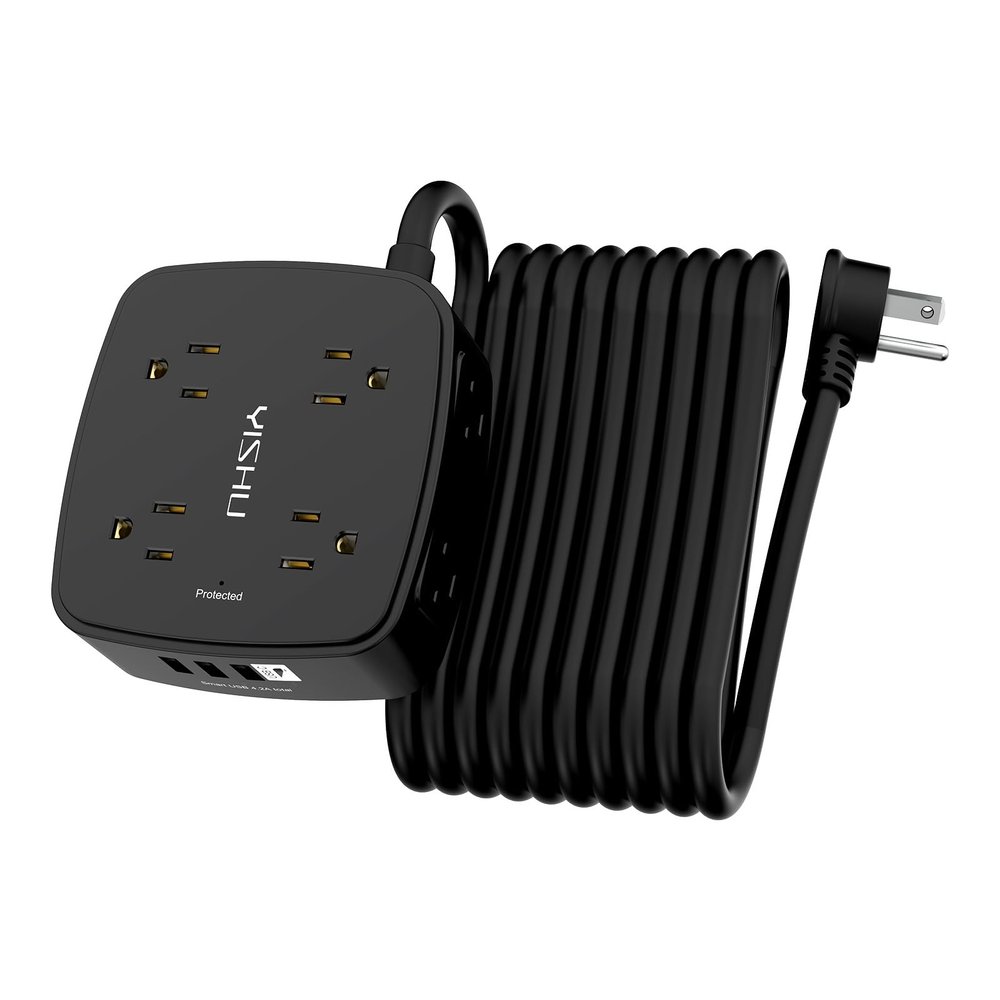 20 Ft Surge Protector Power Strip - 8 Widely Outlets with 4 USB Ports, 3 Side Outlet Extender with 20 Feet Extension Cord, Flat Plug, Wall Mount, Desk USB Charging Station, ETL, Black