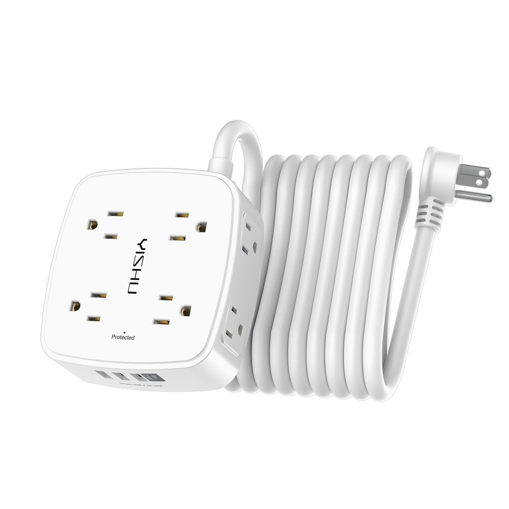 15 Ft Surge Protector Power Strip - 8 Widely Outlets with 4 USB Ports, 3 Side Outlet Extender with 15 Feet Extension Cord, Flat Plug, Wall Mount, Desk USB Charging Station, ETL, White