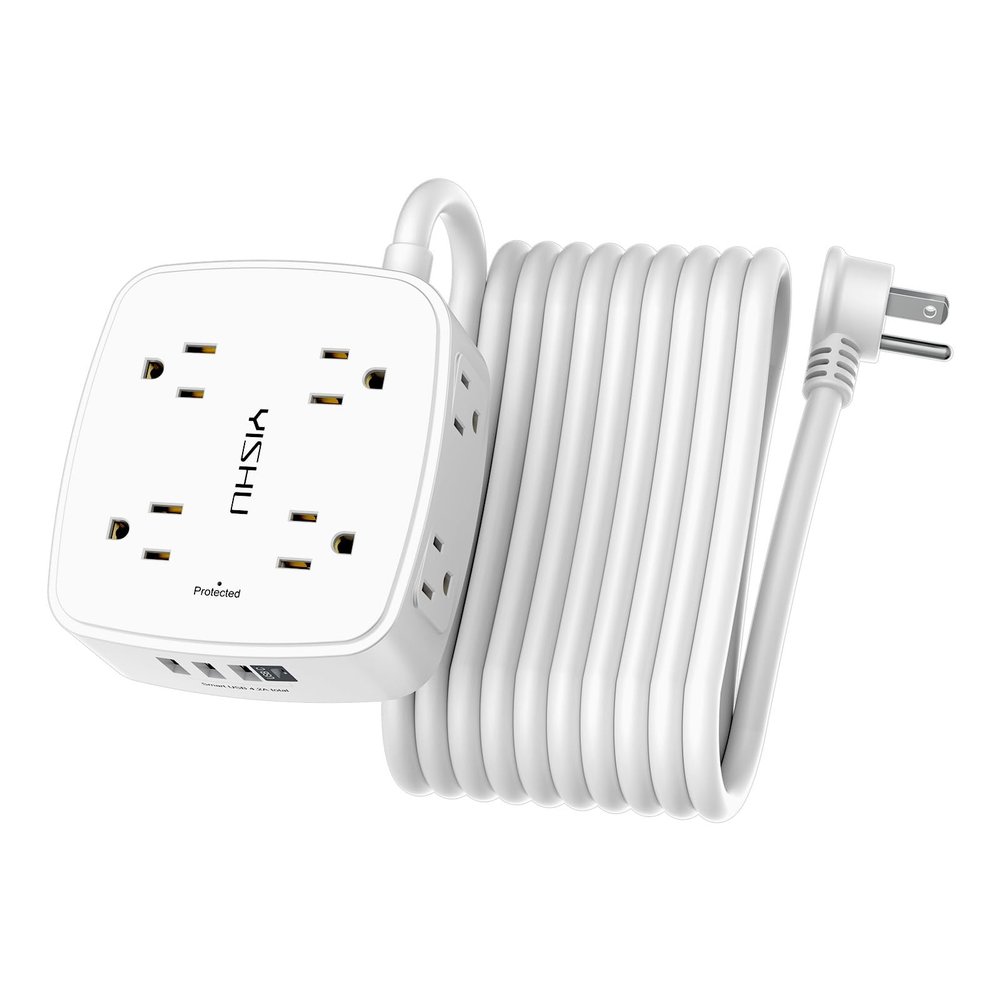20 Ft Surge Protector Power Strip - 8 Widely Outlets with 4 USB Ports, 3 Side Outlet Extender with 20 Feet Extension Cord, Flat Plug, Wall Mount, Desk USB Charging Station, ETL, White