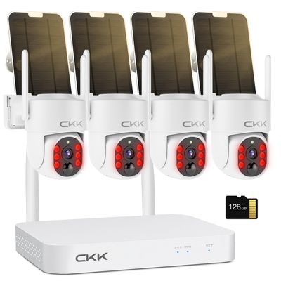 2.5K Wireless Solar Security Camera System, 4 Pack 360 View PTZ WiFi Cameras, Full Color Night Vision,Easy Setup, 2-Way Audio,10CH WiFi NVR with 128GB Storage, PIR Alarm, Compatible with Alexa