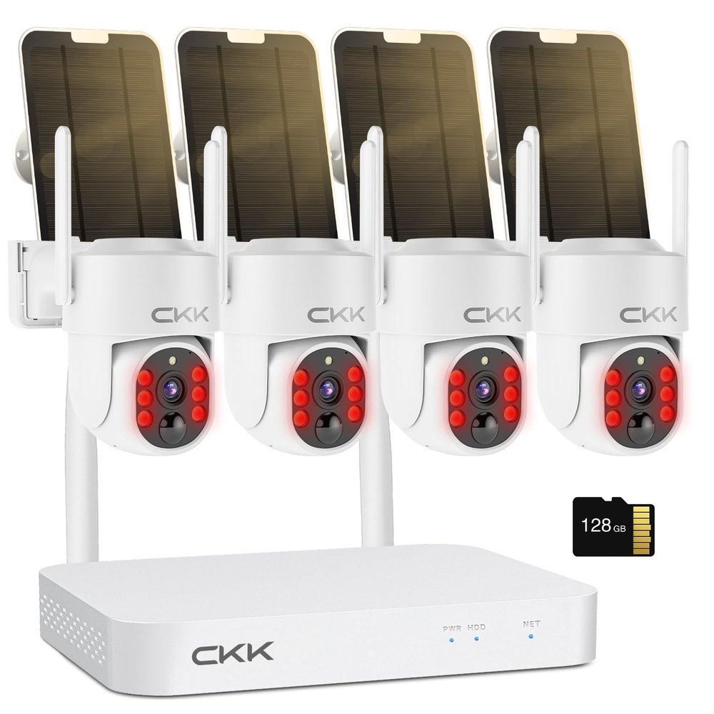 2.5K Wireless Solar Security Camera System, 4 Pack 360 View PTZ WiFi Cameras, Full Color Night Vision,Easy Setup, 2-Way Audio,10CH WiFi NVR with 128GB Storage, PIR Alarm, Compatible with Alexa