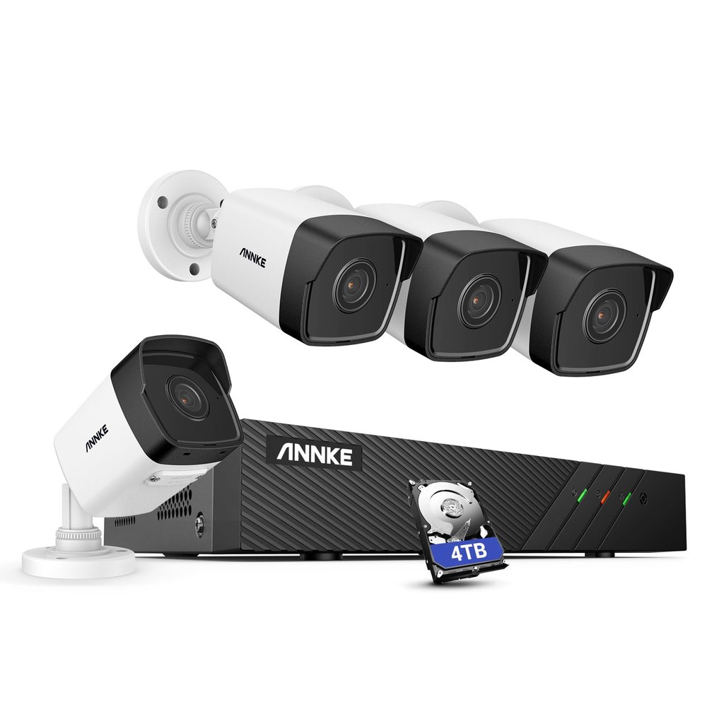 ANNKE PoE IP Cameras for Home Security with 4TB HDD, 8 Channel 4 Security Cameras, H.265+ NVR 8MP Super HD, IP67 Indoor Outdoor Wired Surveillance Camera Systems, 100ft Night Vision, Motion Detection