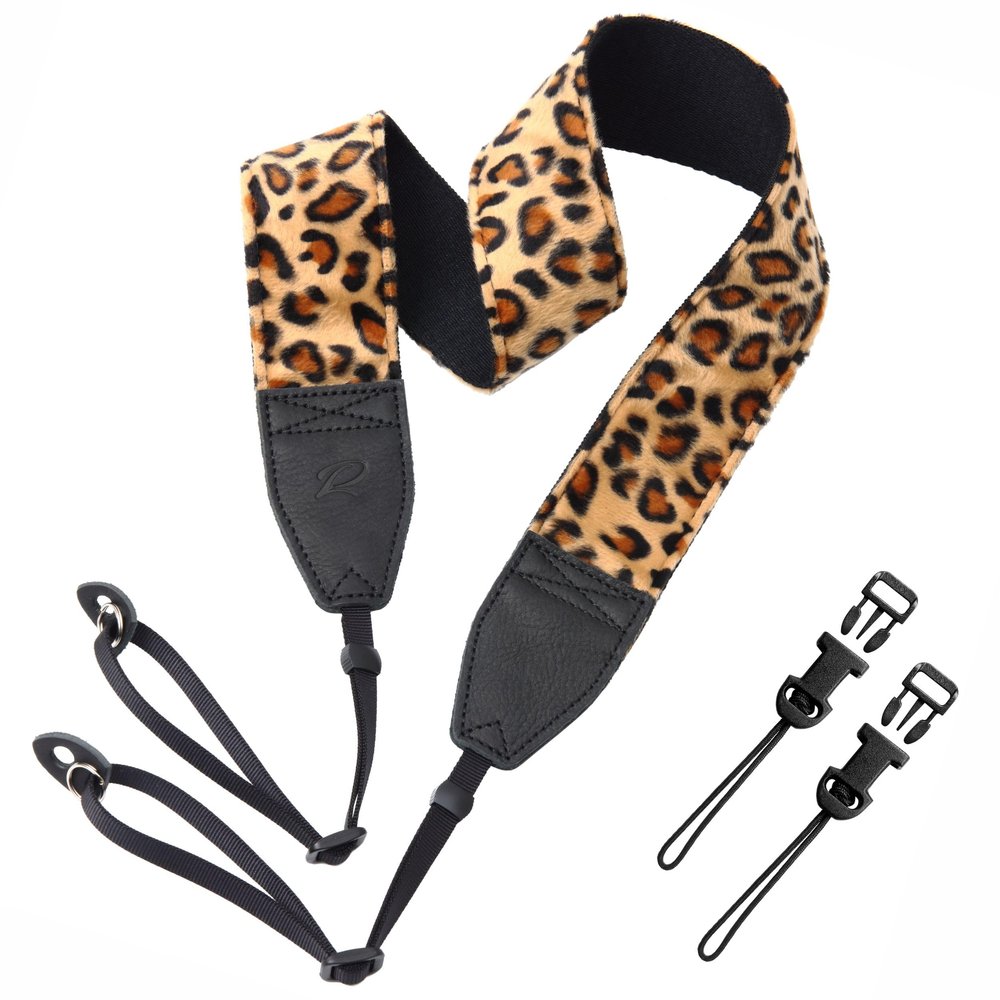 Padwa Lifestyle Leopard Velvet Camera Strap - 2" Double Layer Full Grain Cowhide Leather Head Camera Straps for Photographers,Unique Soft Velvet Fabric with Quick Release fits all Cameras