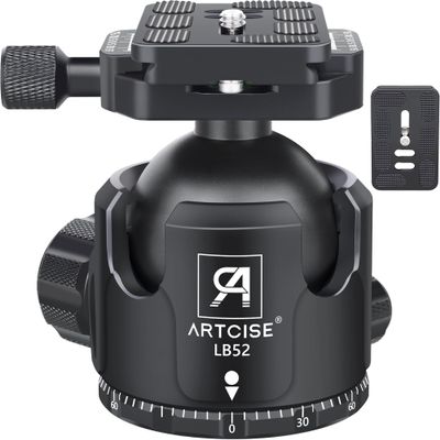52mm Low Profile Ball Head Tripod Mount Ball Head ARTCISE All Metal CNC Machining with Two 1/4" Quick Release Plates for Tripod, Monopod, DSLR, CamcorderMax Load 66lbs /30kgAll Black