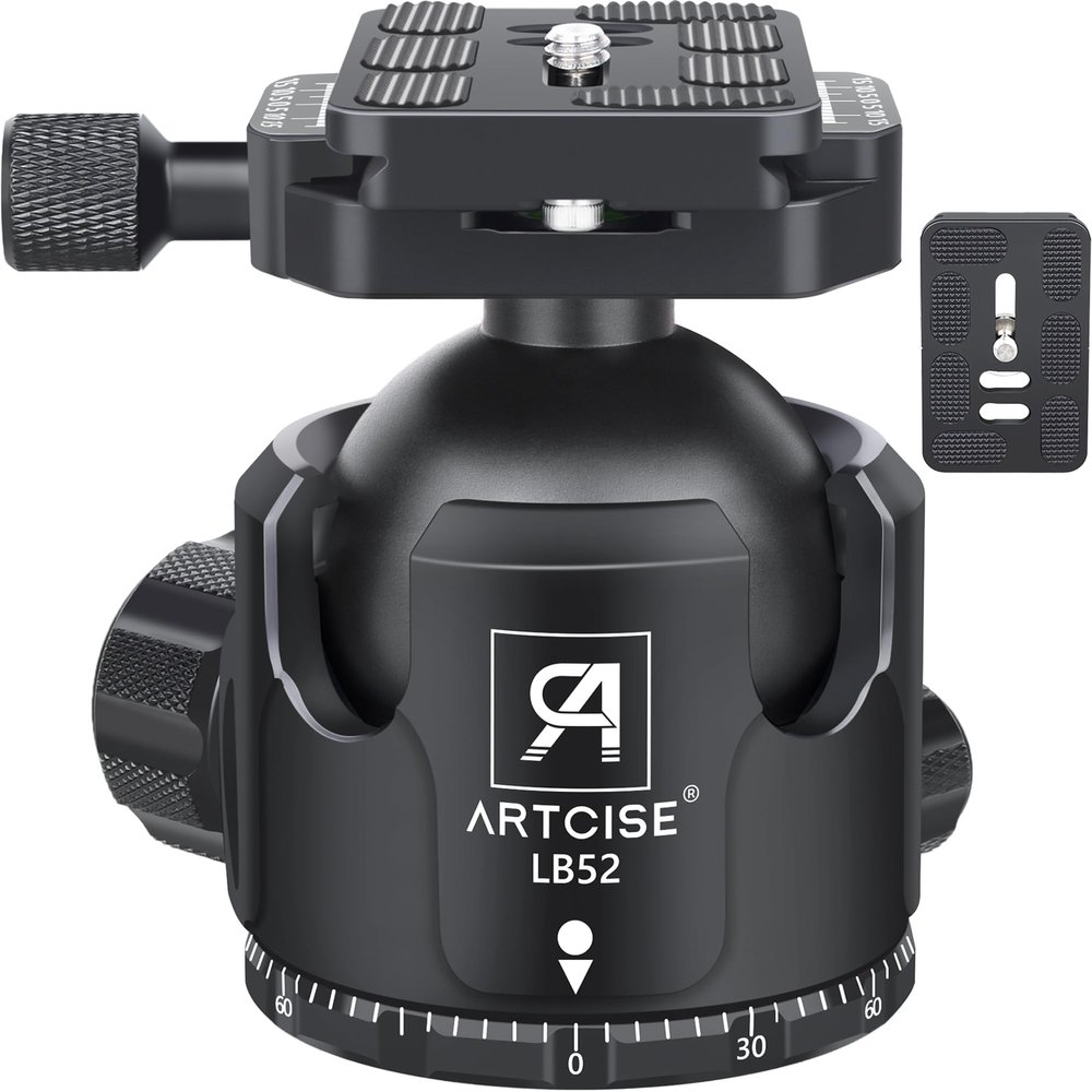 52mm Low Profile Ball Head Tripod Mount Ball Head ARTCISE All Metal CNC Machining with Two 1/4" Quick Release Plates for Tripod, Monopod, DSLR, CamcorderMax Load 66lbs /30kgAll Black