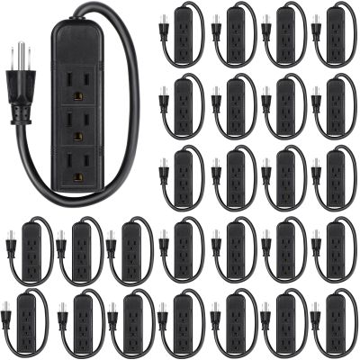 Copkim 20 Pack 3 Outlet Power Strip Extension Cord with Flat Plug Mini Cord 3 Ground Heavy Duty Mountable Outlets Strip for Computer Phone Home Office (1 ft,Black)