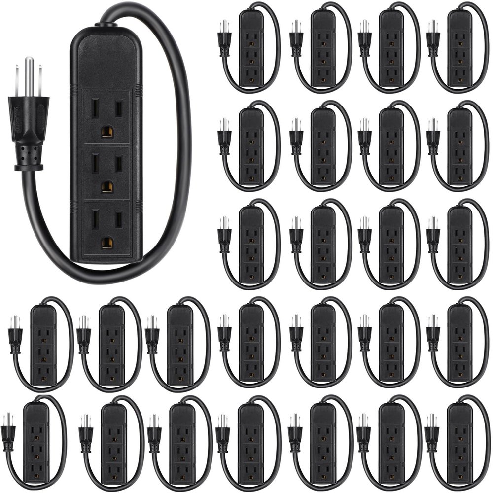 Copkim 20 Pack 3 Outlet Power Strip Extension Cord with Flat Plug Mini Cord 3 Ground Heavy Duty Mountable Outlets Strip for Computer Phone Home Office (1 ft,Black)