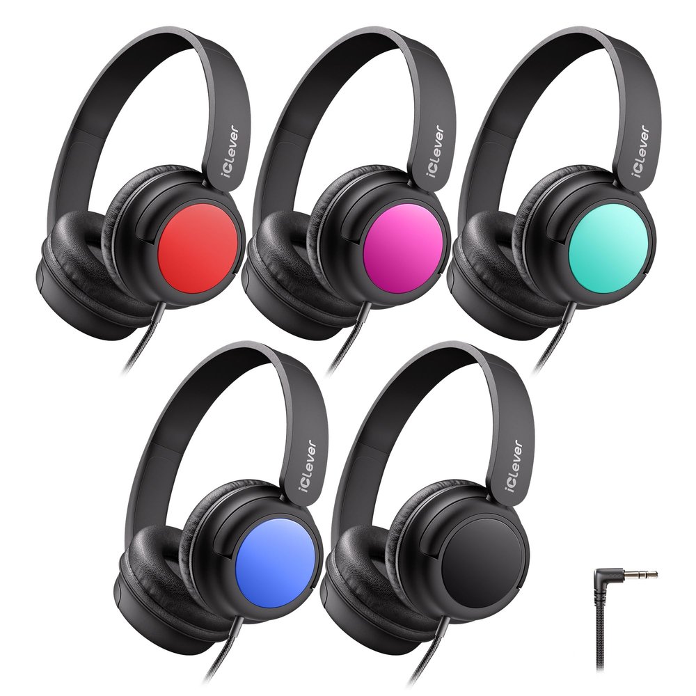 iClever Kids Headphones Bulk 5 Pack for Students K-12 & Teachers, Durable PP Material, 85dBA Safe Volume, Multiple Folding Options, Kids Wired Headphones for School/Classroom/Home/Travel